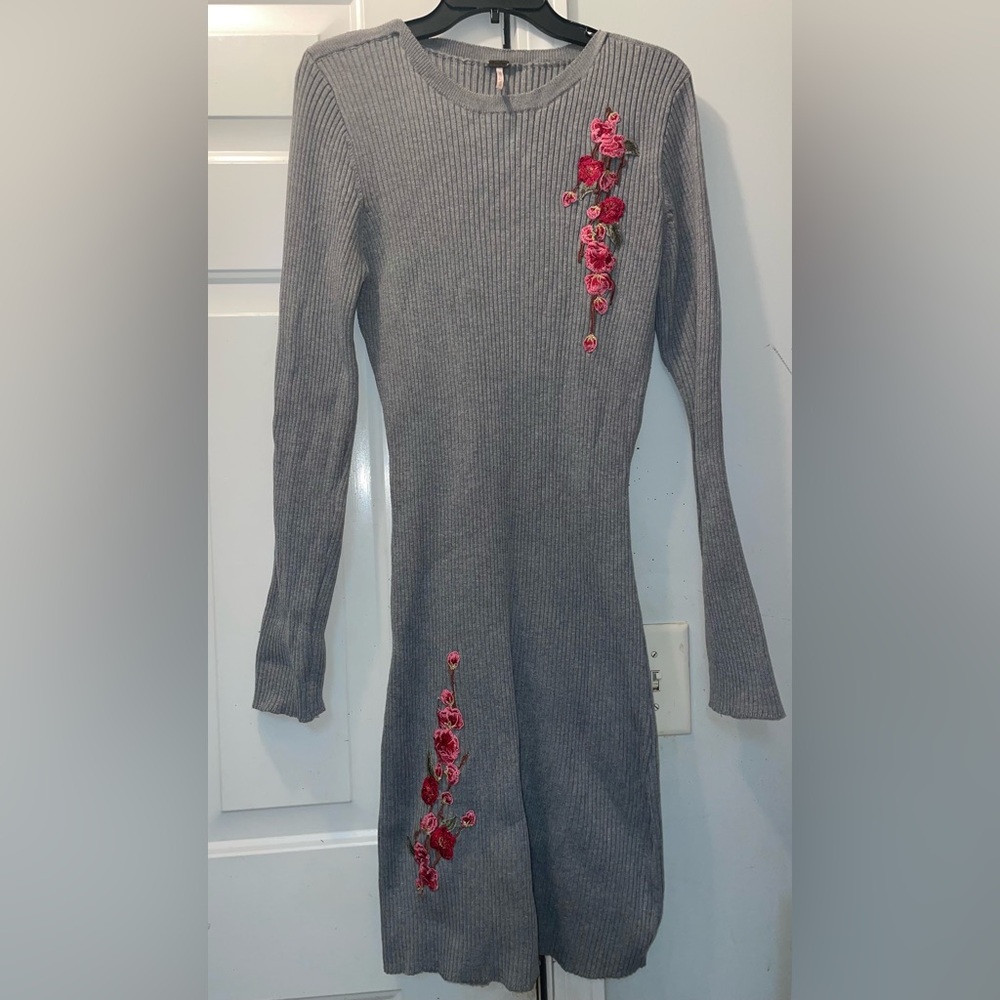Poof! Gray Long Sleeve Top with Pink Floral Embroidery knit dress